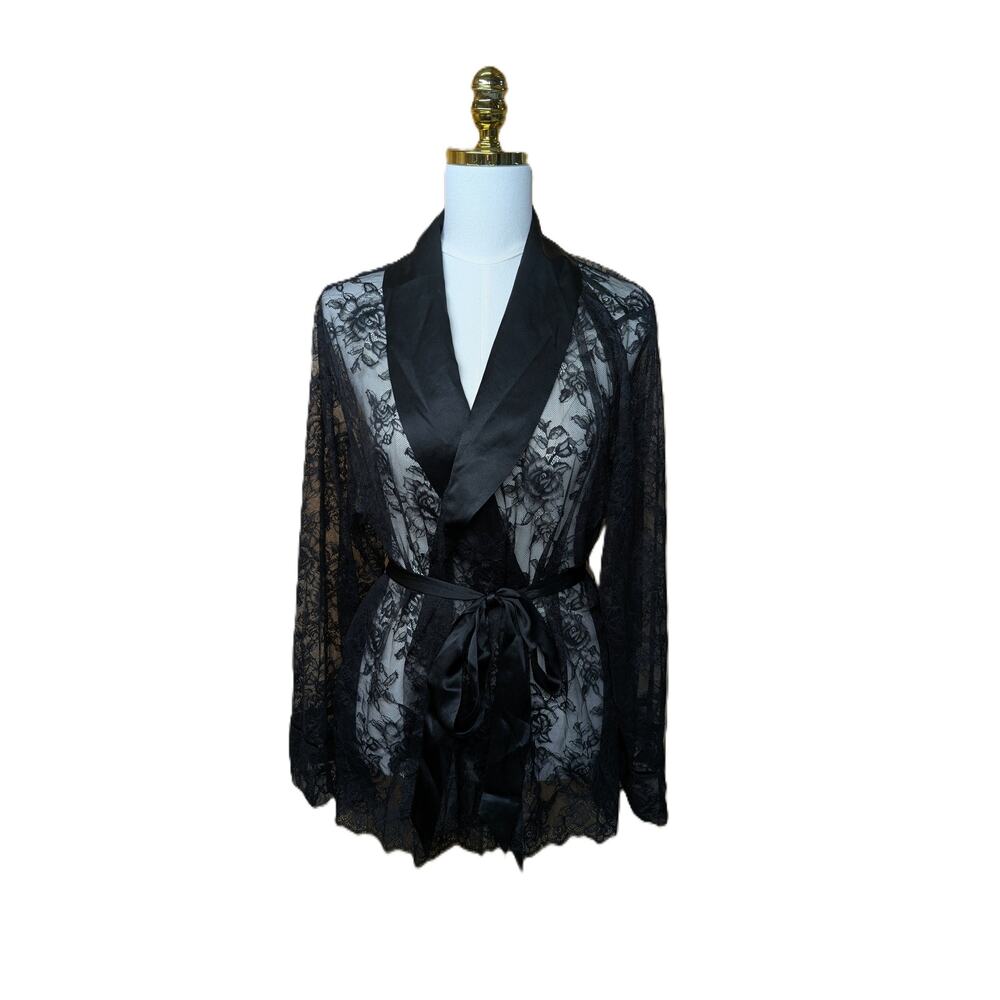 NWT Victoria’s Secret Womens Black XXL Rose Lace Satin Trim Short Robe